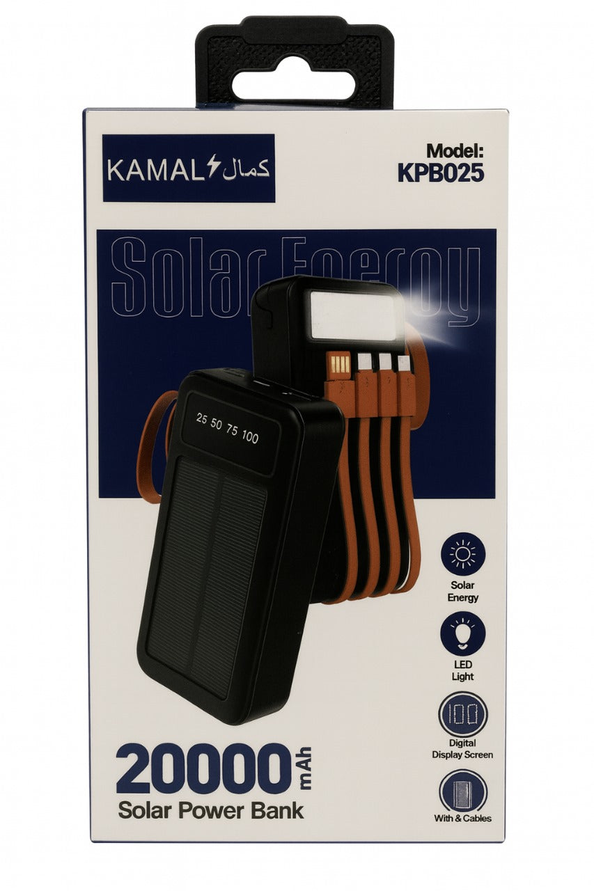 20000mAh Solar Power Bank | Built-in Cables | LED Light | Digital Display | Fast Charging Portable Solar Charger