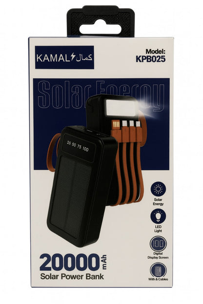 20000mAh Solar Power Bank | Built-in Cables | LED Light | Digital Display | Fast Charging Portable Solar Charger